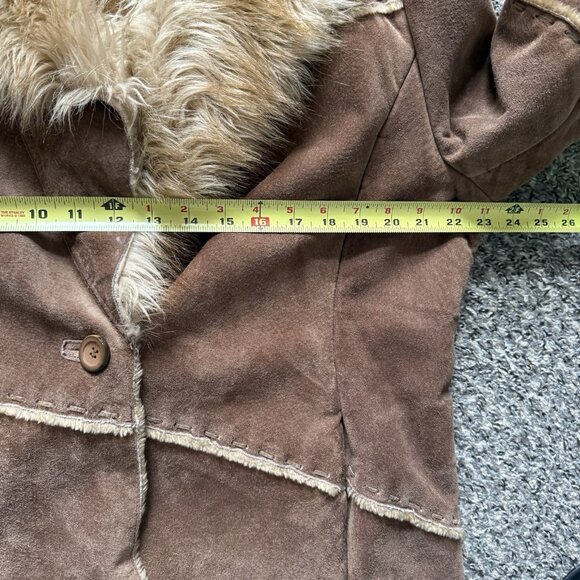 VTG Penny Lane Coat Sz XL Suede Leather Faux Fur Trim Y2K 70s Boho Patchwork - Picture 10 of 14